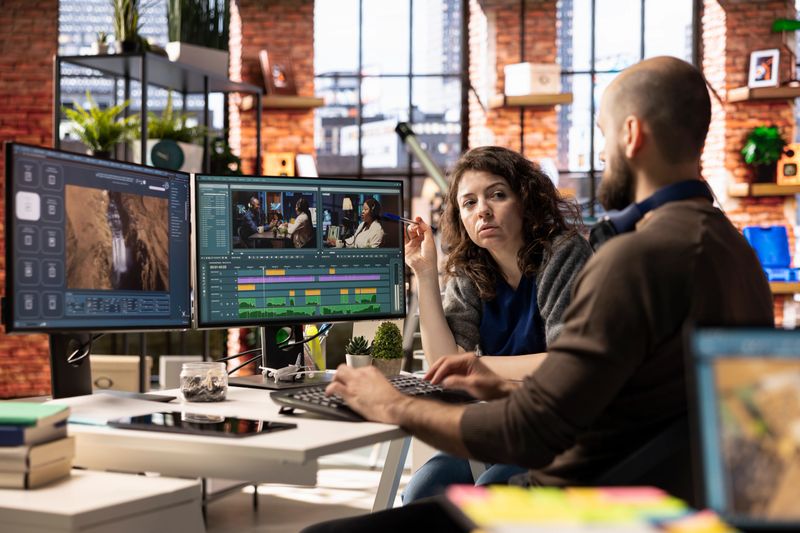 Team of experts editors working in video production industry at the agency office, doing color grading and creating a montage on dual monitors. Creative process with multimedia tech tools.