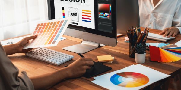 Person working on graphic design at a computer with color samples.