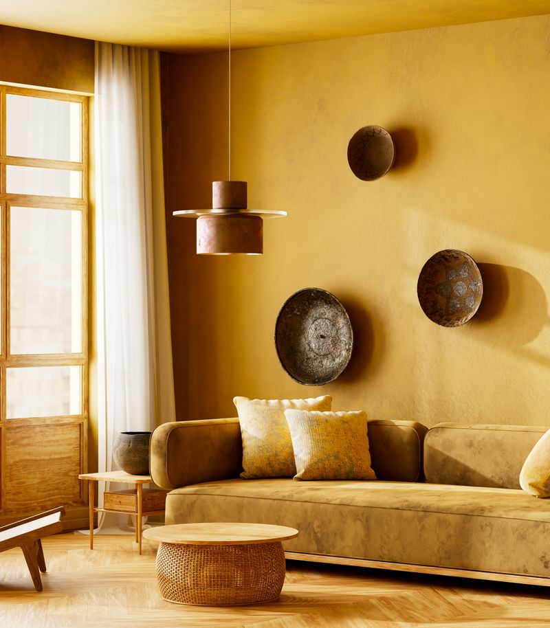 Warm boho eclectic living room with yellow walls, artistic wall decor, cozy sofa and natural textures, creating a vibrant and inviting atmosphere. 3D illustration