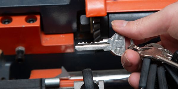 Hand holding a key near a key cutting machine.