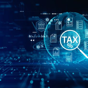Digital tax and finance concept with icons and percentage.
