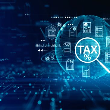 Digital concept of tax percentage with financial icons and holographic globe.