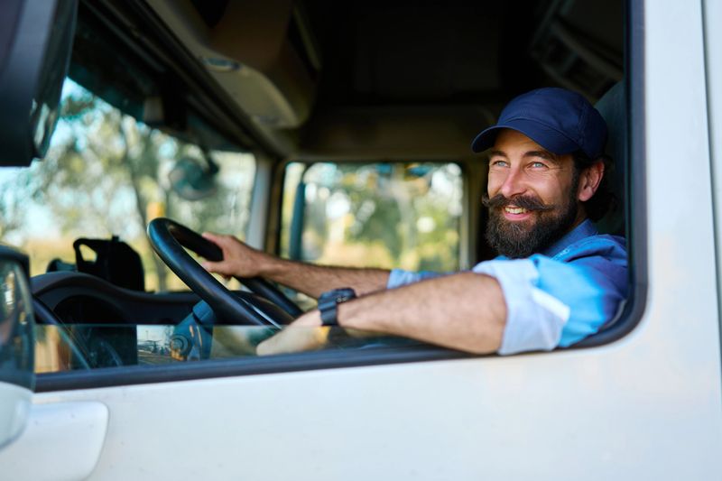 Bearded male truck driver wearing a cap, smiling confidently while steering a large vehicle and looking out the window, representing professional transportation and logistics