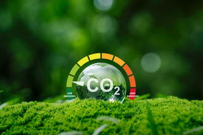 CO2 emissions meter on green moss background.