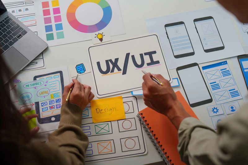Creative professionals sketching UX UI designs for a mobile application