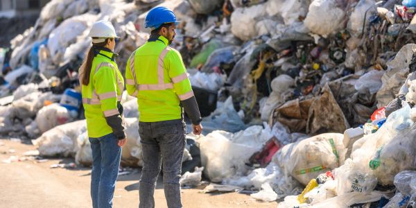 Deux travailleurs examinent une grande pile de déchets.