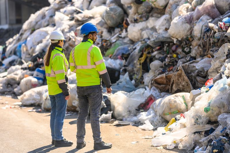 Two professionals in safety gear are evaluating large piles of plastic waste at a recycling center. They are wearing high-visibility vests and helmets, focusing on assessing waste management and environmental impact.