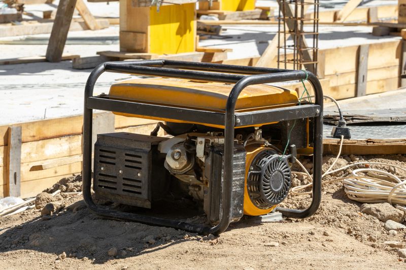 Robust portable generator on dirt ground at a residential construction site. Wooden forms and concrete structures show ongoing building. Essential for project power.