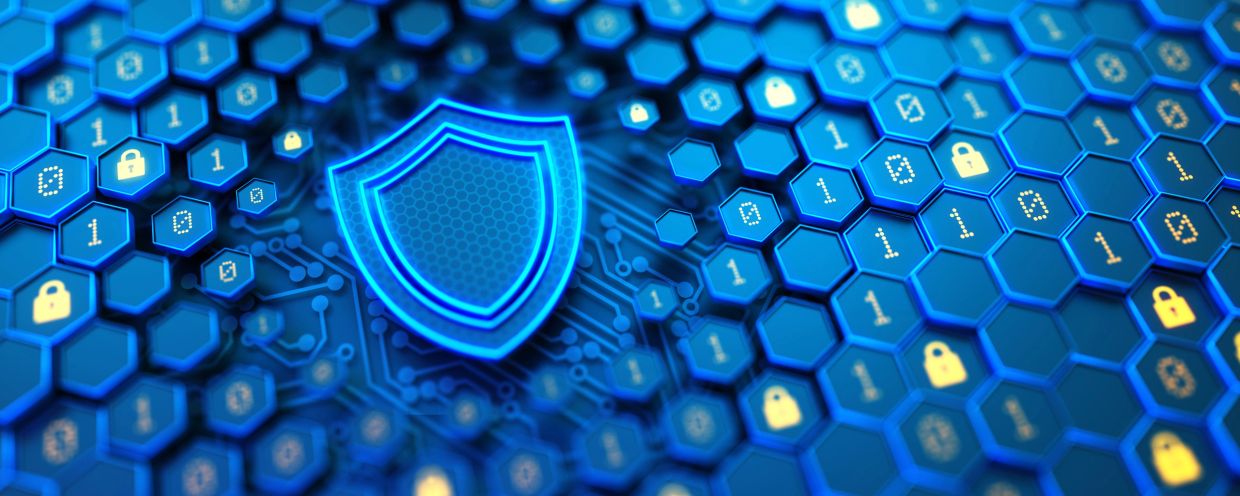 Digital cybersecurity shield with locks and binary code.
