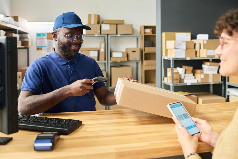 Middle aged Black man scanning package at counter while young adult Caucasian woman holding smartphone with barcode, shelves with parcels in background, both engaged in postal service transaction