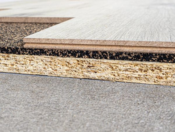 Close-up of layered flooring materials including laminate and particle board.