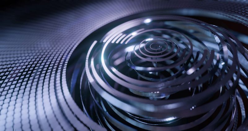 A captivating 3D render of a futuristic metallic spiral mechanism. Abstract data flow and technology converge in this intricate, dynamic design with a textured grid background and shimmering lights.