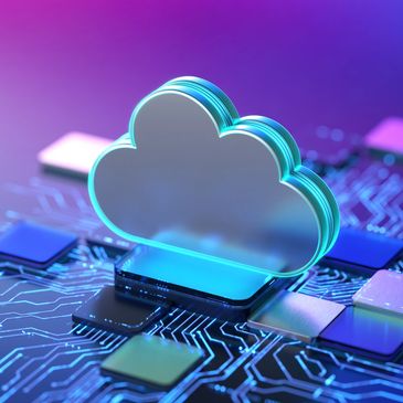 3D cloud icon on a microchip circuit board.