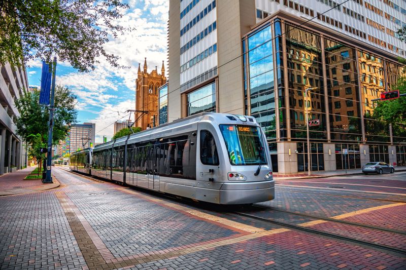 The commuter light rail on Main Street in downtown Houston, Texas.