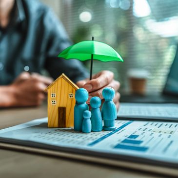 A hand holds a green umbrella over a wooden house and blue family figures on documents.