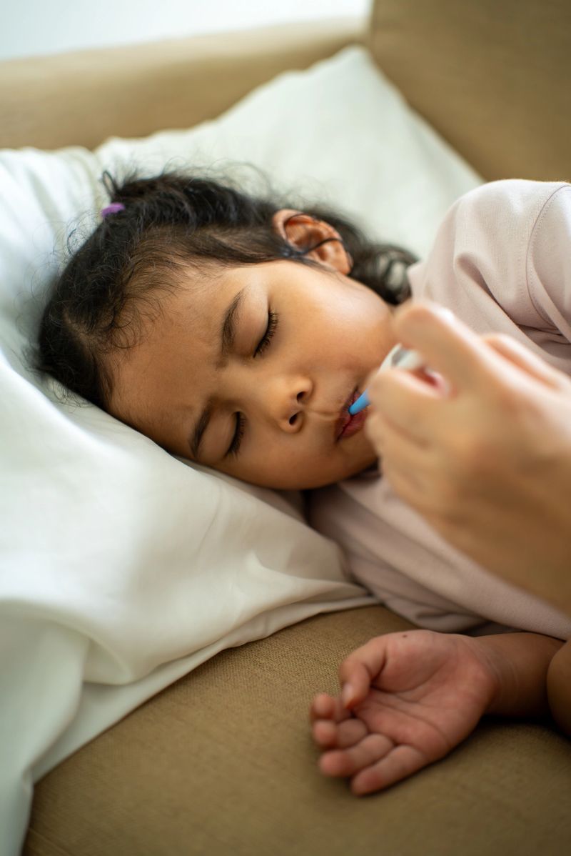 Vertical shot of mother using digital thermometer measuring body temperature of sick child’s fever lying on bed at home, parent caring for child health insurance support and family medical coverage.