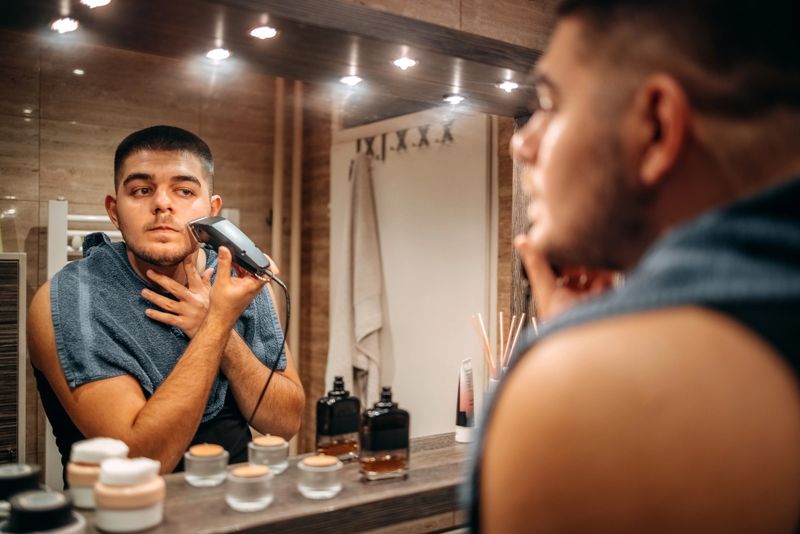 Man doing morning routine in bathroom at home using shaving brush