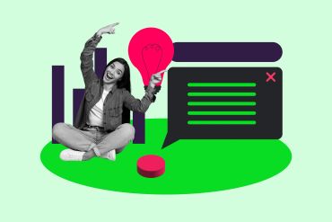 Woman holding light bulb with chat message graphic.