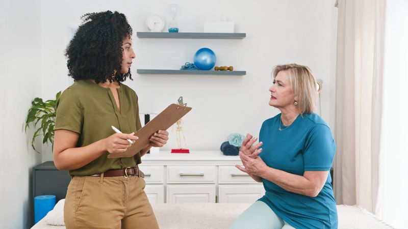 A physiotherapist uses a clipboard to assess and guide a senior woman through therapy in a bright clinic. Collaborative discussion focuses on exercise, mobility, and recovery goals for improved well-being.