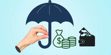Hand holding umbrella protecting money icons symbolizing financial security.