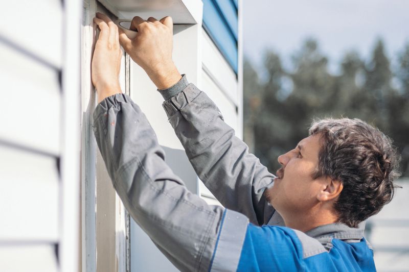 A man is carefully installing exterior trim on a house, showcasing craftsmanship and attention to detail in a residential setting.