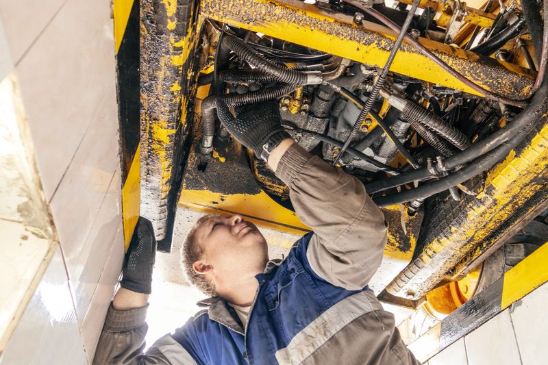 A mechanic inspects and repairs heavy machinery in a workshop setting. The scene conveys a sense of diligence and technical expertise.