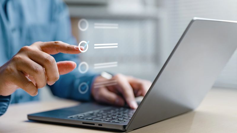 Checklist business report concept. Check mark opinion. Tick checkbox survey. Checkmark. laptop pinpoint touch selected choose tick confirm.