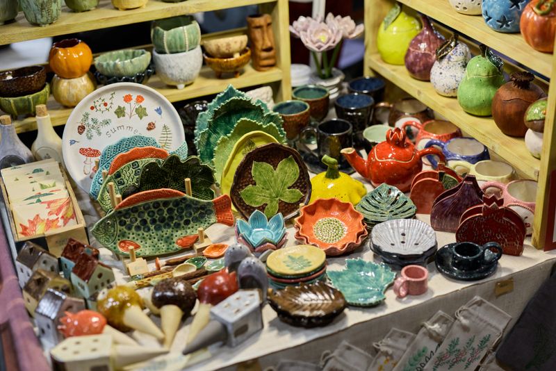 Beautiful handcrafted pottery pieces that prominently showcase vibrant colors along with unique designs and patterns