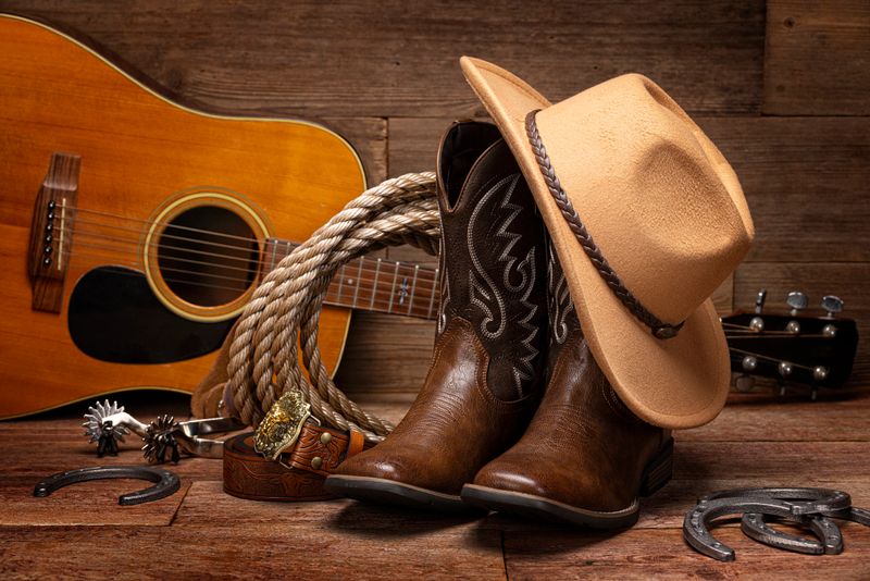 till life studio photograph of western cowboy culture featuring a pair of cowboy boots, a white cowboy hat, coiled rope, acoustic guitar, and ornate belt buckle arranged on a rustic retro wooden background. This Americana themed composition highlights the spirit of western music, rodeo lifestyle, and country heritage. Ideal for concepts related to cowboy tradition, ranch life, rustic style, country living, and classic Americana culture.