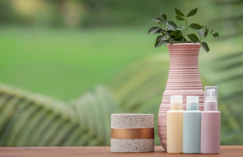 The product advertisement set in an open-air spa setting with unlabeled product samples placed on wooden table top on green natural background. Zen and relax concept. Copy space for text