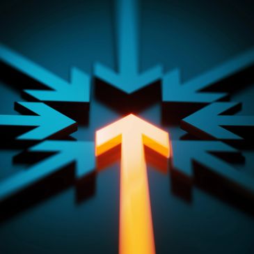 A glowing arrow converges with multiple blue arrows pointing inward.