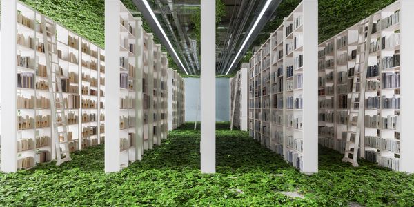 Modern library with white shelves and green ivy covering floor and ceiling.