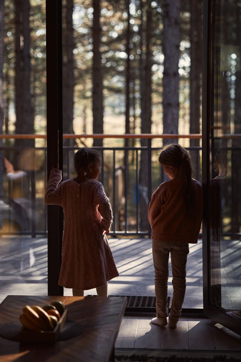 Two young girls standing inside a modern cabin, looking out at the forest
