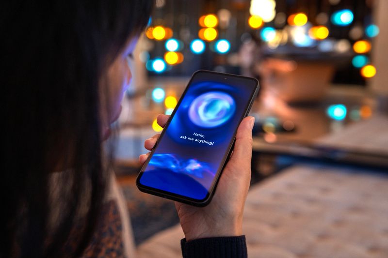 Close-up of a woman holding a smartphone with an AI chatbot interface displayed on screen, showing the concept of multimodal artificial intelligence capable of understanding and interacting through text and visual data.
