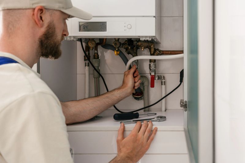 Repairman shut off valve on pipeline, conduct maintenance on gas boiler in a modern bathroom. He focused on checking connections and adjusting settings for optimal performance and energy efficiency