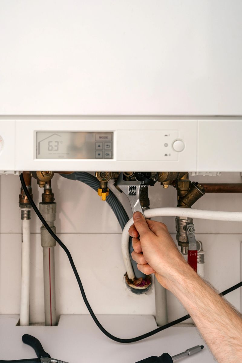 Vertical shot of a repairman uses a wrench to fix a modern gas boiler in a utility room. He is focused on addressing a problem with the heating system equipment.