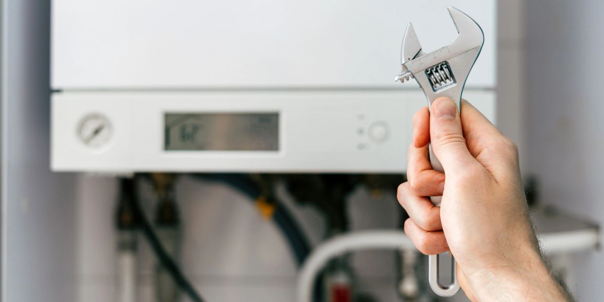 Hand holding a wrench near a boiler.