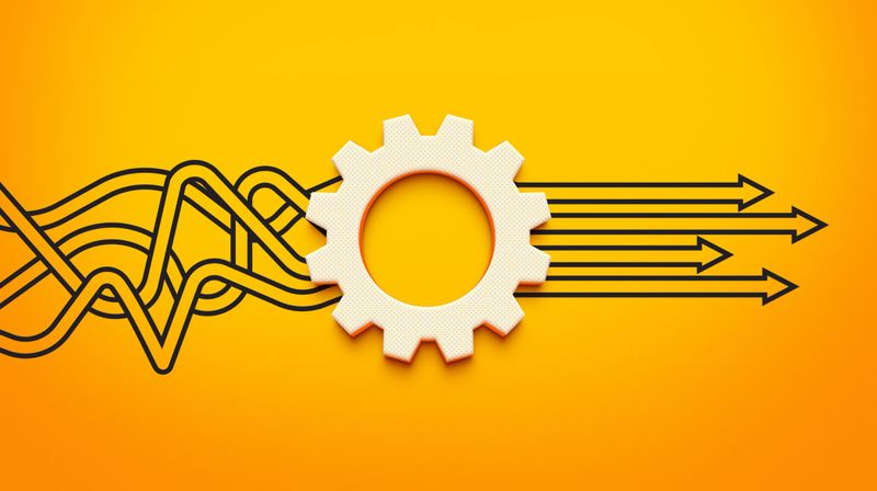This 2D animation provides a clear and powerful visual metaphor for problem-solving and process improvement. It illustrates a transformation from chaotic, tangled lines into a set of straight, orderly arrows, facilitated by a central gear mechanism. This concept is perfect for representing ideas like strategy implementation, innovation, and finding simple solutions to complex problems. It's an ideal graphic for business presentations, technology explainers, and educational content focused on efficiency, management, and achieving clear goals.