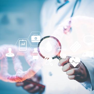 Doctor holds magnifying glass over medical icons and DNA helix.