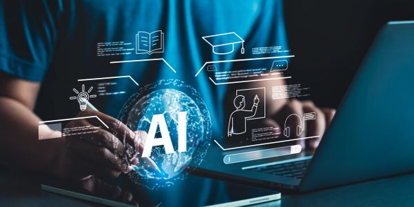 Person using laptop with AI and learning icons floating.