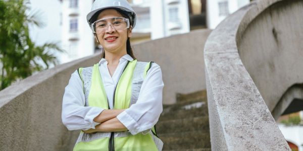 Female construction worker in safety gear smiling and standing with arms crossed.