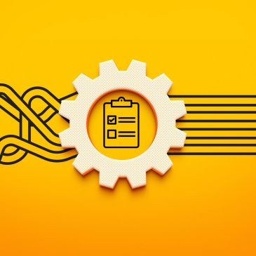 Gear with checklist icon and connected lines on bright yellow background.