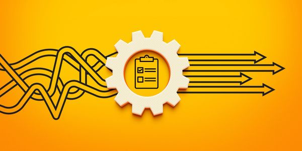 Gear with checklist icon and connected lines on bright yellow background.