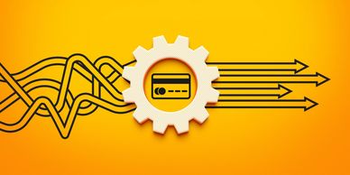 Image of non-linear arrows converging through a cog to linear arrows