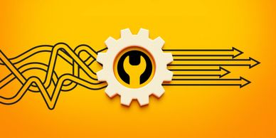 Gear with wrench icon organizing tangled arrows into straight lines on orange background.