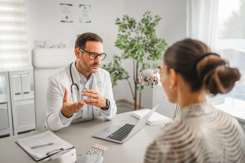 Male doctor explaining medical information and healthcare options to a female patient, emphasizing communication and trust during an office visit at a modern clinic