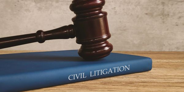 Judge's gavel resting on a book titled 'Civil Litigation'.