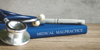 Book titled Medical Malpractice with a stethoscope and pen.