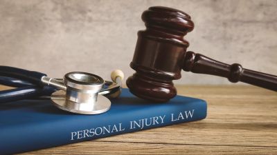 Gavel, stethoscope, and personal injury law book.