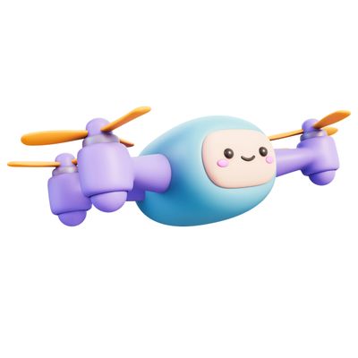 Cute cartoon drone with a smiling face and orange propellers.